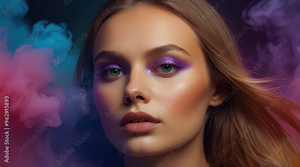 A beautiful young Russian model poses on a colorful smoke background A beautiful young Russian model poses on a colorful smoke background
