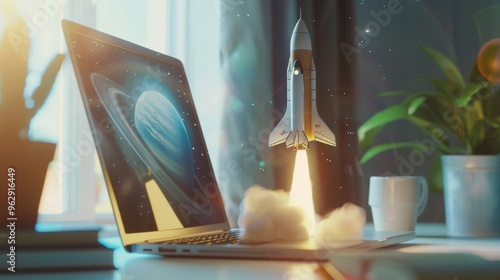 A rocketship launches from a laptop screen, symbolizing innovation and the limitless possibilities of technology in a sunlit room. photo