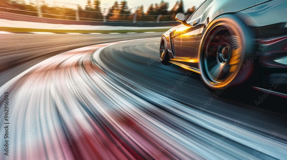 A high-speed race car zooms around a track, leaving a blur behind in a thrilling display of speed and precision. A high-speed race car zooms around a track, leaving a blur behind in a thrilling display of speed and precision.