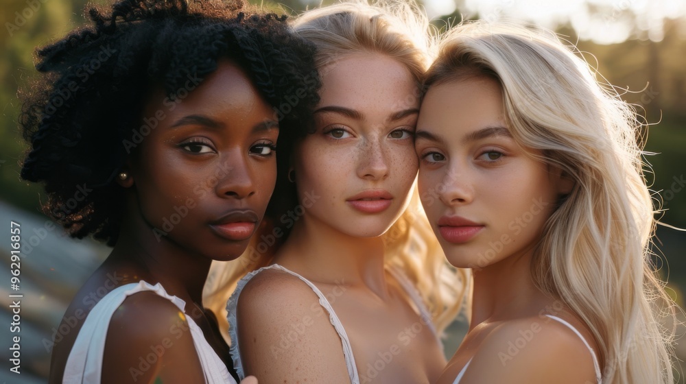 Three women with diverse ethnic backgrounds unite in a warm embrace, their expressions reflecting strength and solidarity. Three women with diverse ethnic backgrounds unite in a warm embrace, their expressions reflecting strength and solidarity.