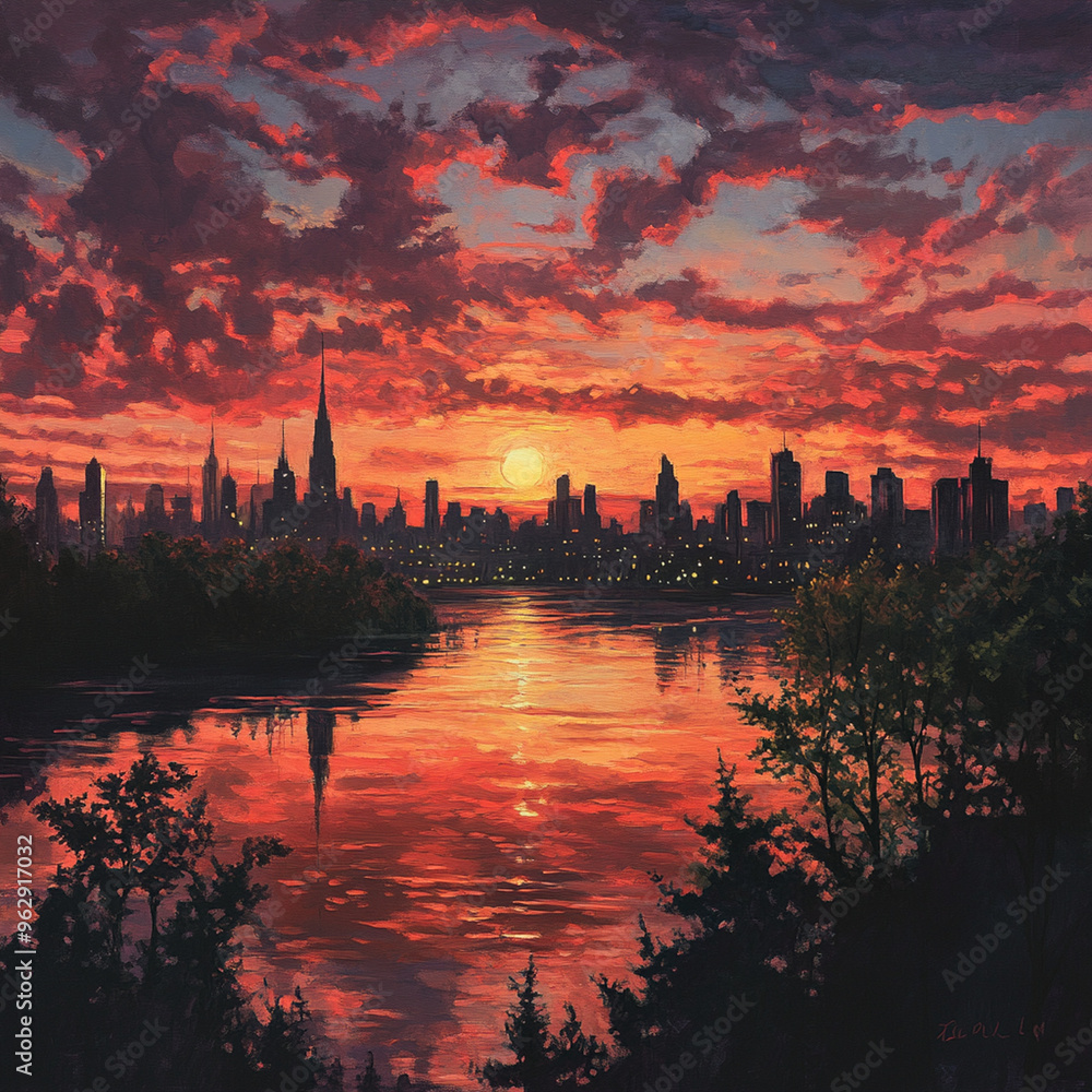 A breathtaking sunset over cityscape with river reflects vibrant colors in sky, creating serene and picturesque scene. A breathtaking sunset over cityscape with river reflects vibrant colors in sky, creating serene and picturesque scene.
