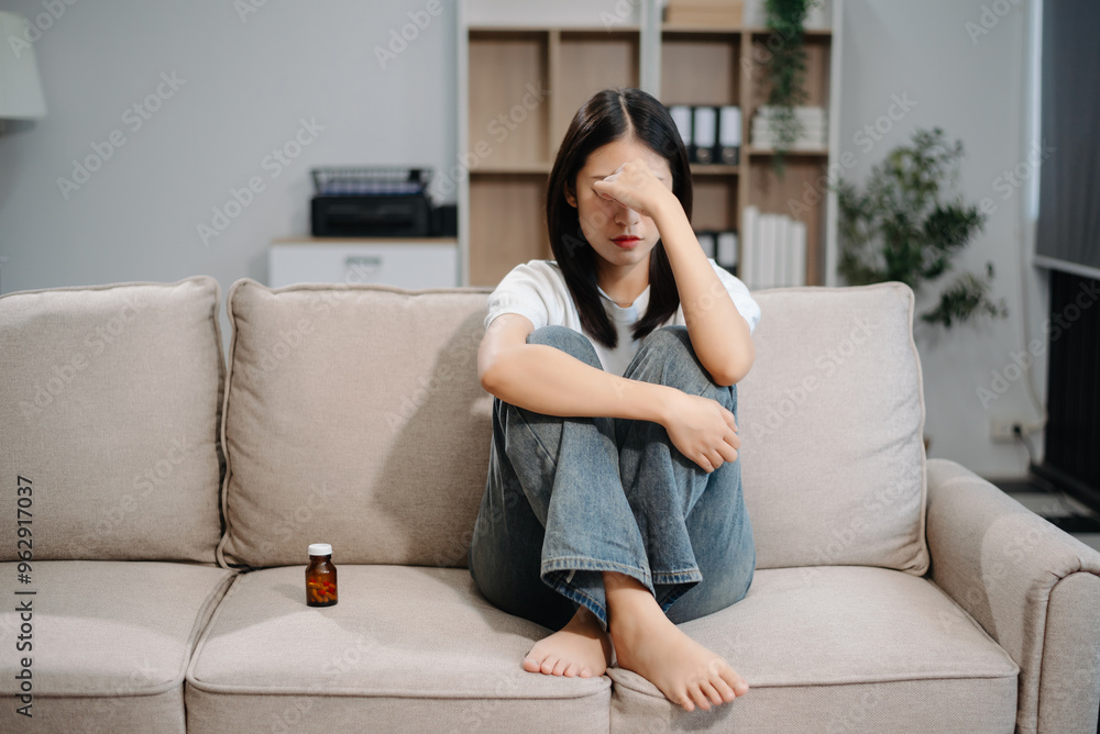 Asian woman sit Depression Dark haired pensive glance Standing by window and anxiety Copy space with a blanket on a sofa. Asian woman sit Depression Dark haired pensive glance Standing by window and anxiety Copy space with a blanket on a sofa.