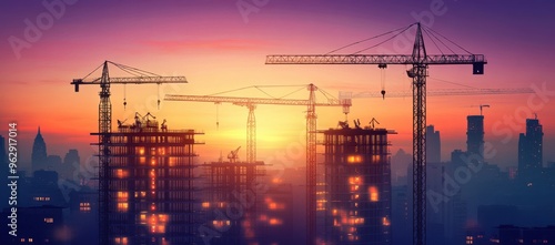 Residential complex under construction with cranes at sunset