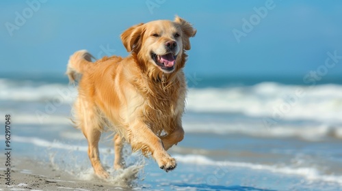 A lively golden retriever sprinting along the shoreline, with waves in the background and a bright blue sky above on a sunny day.