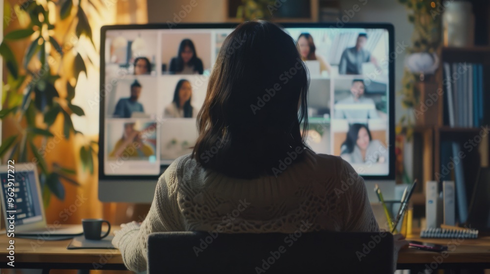 Fototapeta premium An individual sits in front of a computer screen during a virtual meeting, displaying numerous participants in an interconnected digital workspace.