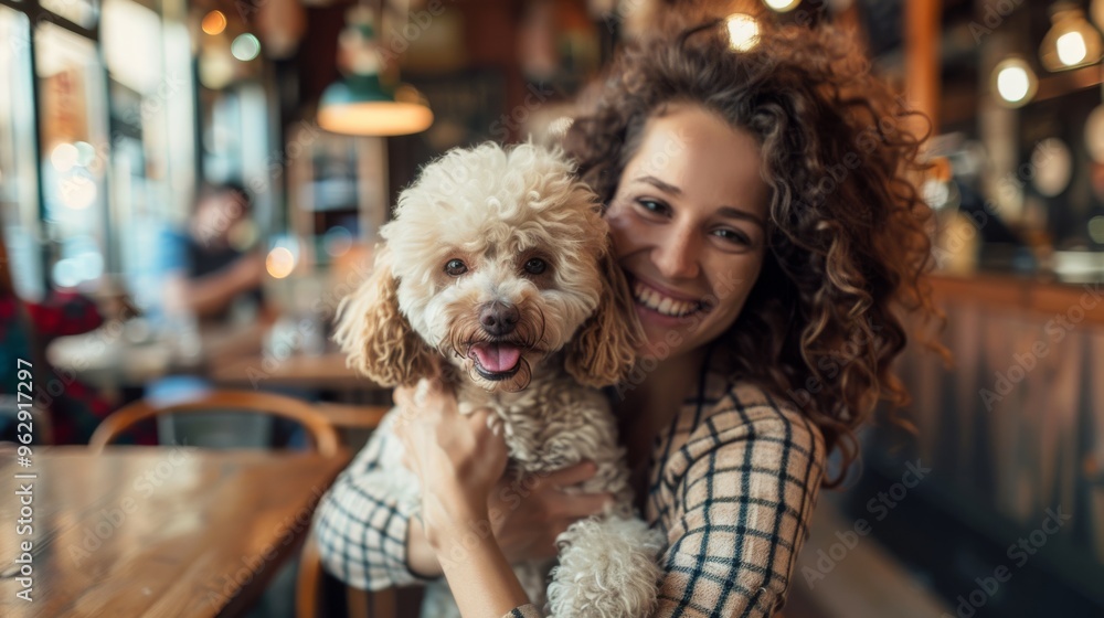 A woman with curly hair joyfully hugs her fluffy dog by a café window, illuminated by natural light, highlighting their affectionate bond and mutual happiness. A woman with curly hair joyfully hugs her fluffy dog by a café window, illuminated by natural light, highlighting their affectionate bond and mutual happiness.