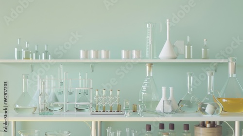 A meticulously organized chemistry lab shelf laden with an array of pristine glassware and scientific instruments against a soft pastel green backdrop.