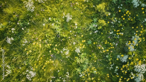 Fototapeta Naklejka Na Ścianę i Meble -  Aerial shot of a lush meadow in full bloom, displaying a mix of greenery and a sprinkling of wildflowers, creating a natural carpet of colors.