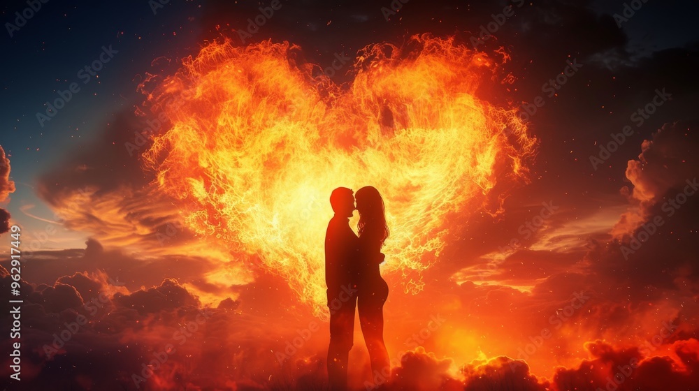 A romantic scene of a silhouetted couple embracing in front of a heart-shaped fiery background. The image captures passion and love, making it ideal for themes of romance, love, and warmth. A romantic scene of a silhouetted couple embracing in front of a heart-shaped fiery background. The image captures passion and love, making it ideal for themes of romance, love, and warmth.