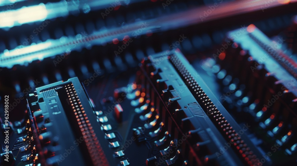 Close-up of intricate computer circuitry and components, portrayed in cool blue tones, emphasizing the sophistication of modern technology. Close-up of intricate computer circuitry and components, portrayed in cool blue tones, emphasizing the sophistication of modern technology.
