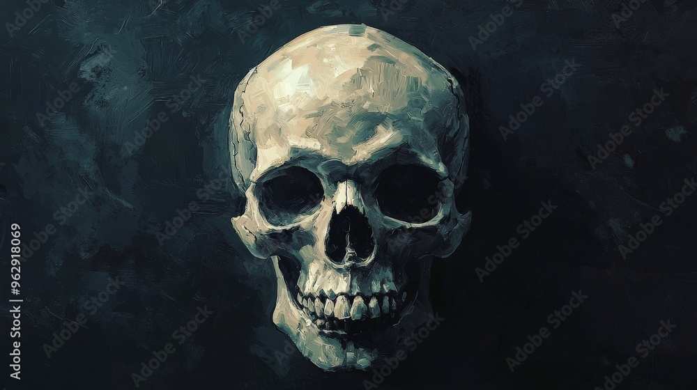 Fototapeta premium Detailed skull painting with realistic shading, dark background