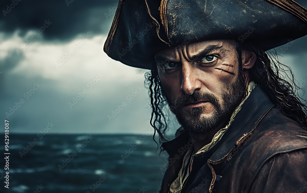 Captain of the High Seas - Intimidating Pirate Leader in Weathered Attire Confronting the Stormy Ocean Depths Captain of the High Seas - Intimidating Pirate Leader in Weathered Attire Confronting the Stormy Ocean Depths