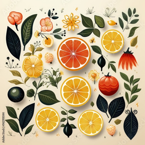 Wallpaper Mural Fresh and Decorative 2D Vector Objects of Fruits and Flowers Collection Torontodigital.ca