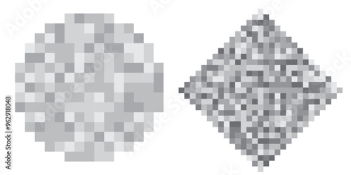 Pixelated monochrome censorship bars in diamond and circle shape. Ideal for use in content moderation, video production, and social media graphics.