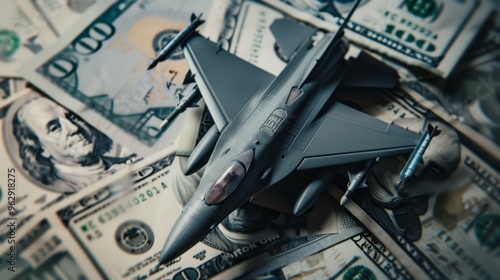 Model fighter jet surrounded by scattered US dollar bills, symbolizing the intersection of finance and military. photo