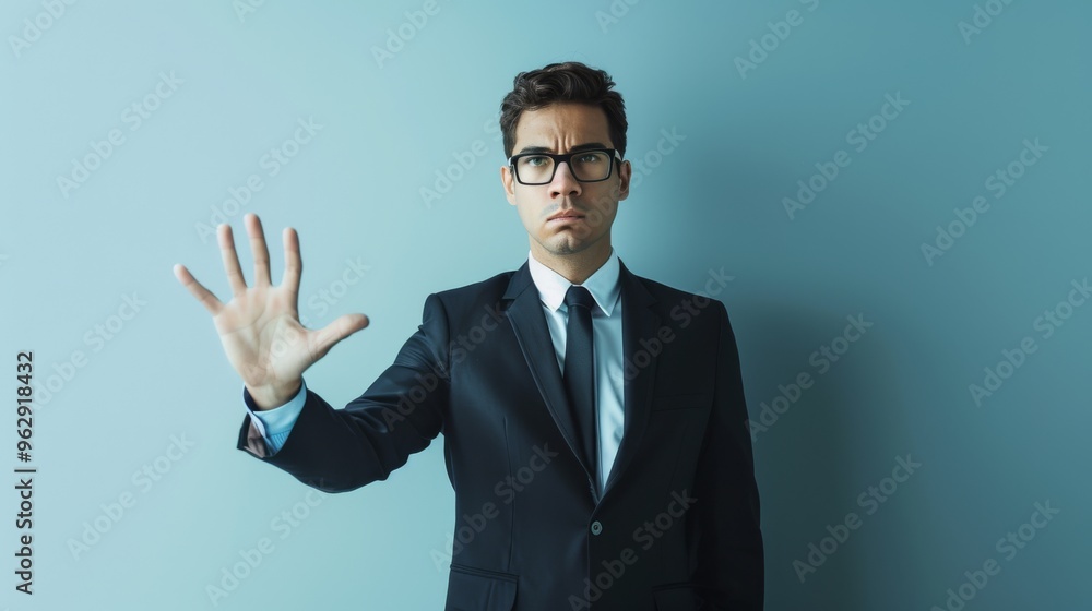 A man in a suit and tie holds up his hand assertively, posing against a blue background. A man in a suit and tie holds up his hand assertively, posing against a blue background.