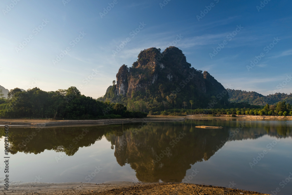 Naklejka premium limestone mountain at Nong Thale lake reservoir, Krabi, Thailand