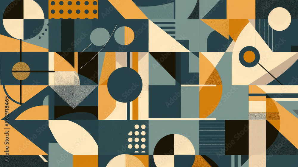 Abstract Bauhaus style seamless pattern with geometric shapes featuring triangles, circles and squares in deep teal, gold and charcoal Abstract Bauhaus style seamless pattern with geometric shapes featuring triangles, circles and squares in deep teal, gold and charcoal