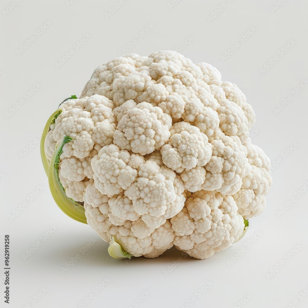 A freshly steamed cauliflower head on a white background, ready to be enjoyed. A freshly steamed cauliflower head on a white background, ready to be enjoyed.