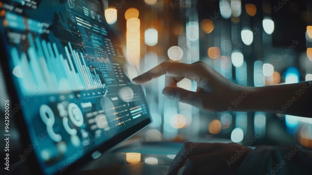 A hand interacts with a high-tech touch screen, illuminated by data graphs in a vibrant, futuristic setting, highlighting technological advancements. A hand interacts with a high-tech touch screen, illuminated by data graphs in a vibrant, futuristic setting, highlighting technological advancements.