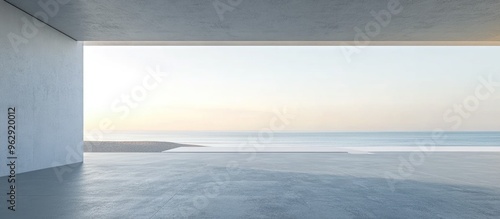 Empty gray concrete floor in minimalist architecture 3D rendering of an abstract white structure with a backdrop of beach and sea