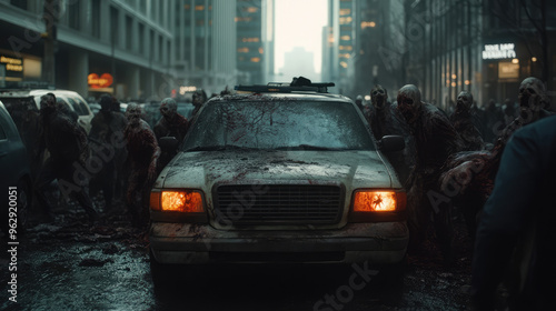 A tense and eerie depiction of zombies flooding an upscale shopping district, with the undead targeting luxury stores and causing panic among shoppers.