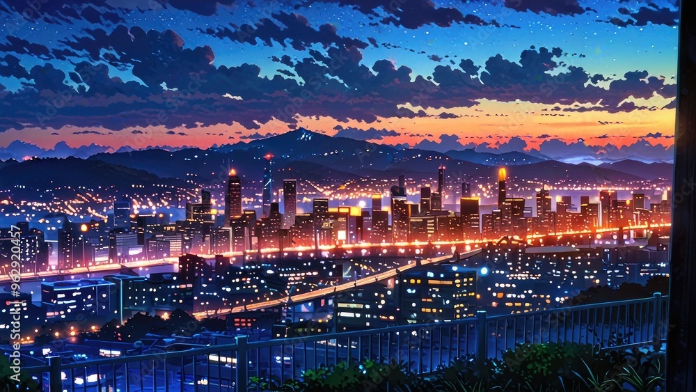 Fototapeta premium Illuminated Cityscape Under Colorful Sky..