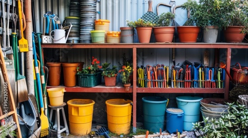 A vibrant garden shed is organized with colorful pots, gardening tools, and storage containers, capturing the lively and functional essence of gardening. photo