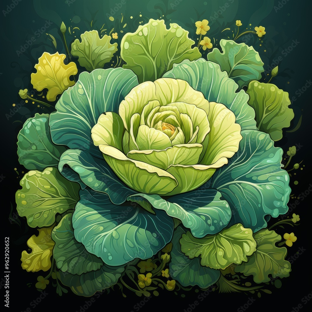 Obraz premium Dark Palette Flat Style Vector Illustration of a Cabbage Vegetable