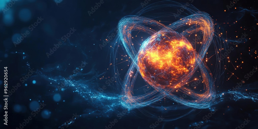 Naklejka premium A stunning illustration of an atom with glowing particles and energy waves, representing scientific exploration and innovation.
