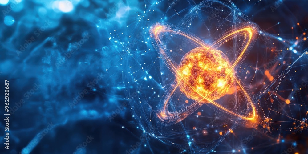 A stunning illustration of an atom, showcasing energy and connection in a vibrant, glowing digital design. A stunning illustration of an atom, showcasing energy and connection in a vibrant, glowing digital design.