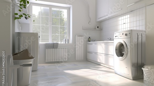 Bright, clean laundry room with modern appliances, white tiled walls, and sunlight streaming through large windows.