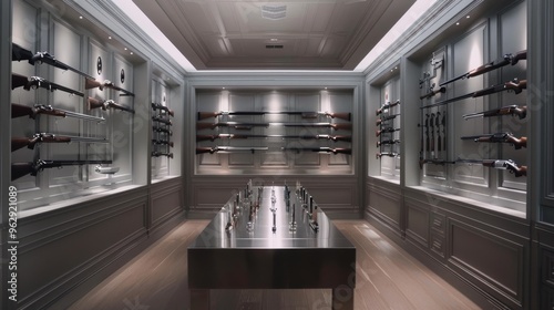 A pristine gun room with sleek, minimalistic gray walls and meticulously arranged firearms, emanating a sense of modern elegance and order. photo