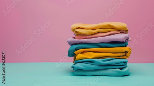 A pastel stack of folded clothes against a pink background, showcasing a range of soft fabrics and hues for a soothing look.