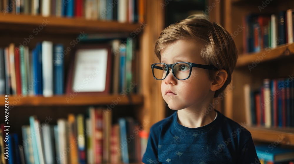A young boy with glasses stands in a serene library, intently gazing at something, surrounded by shelves filled with books. A young boy with glasses stands in a serene library, intently gazing at something, surrounded by shelves filled with books.