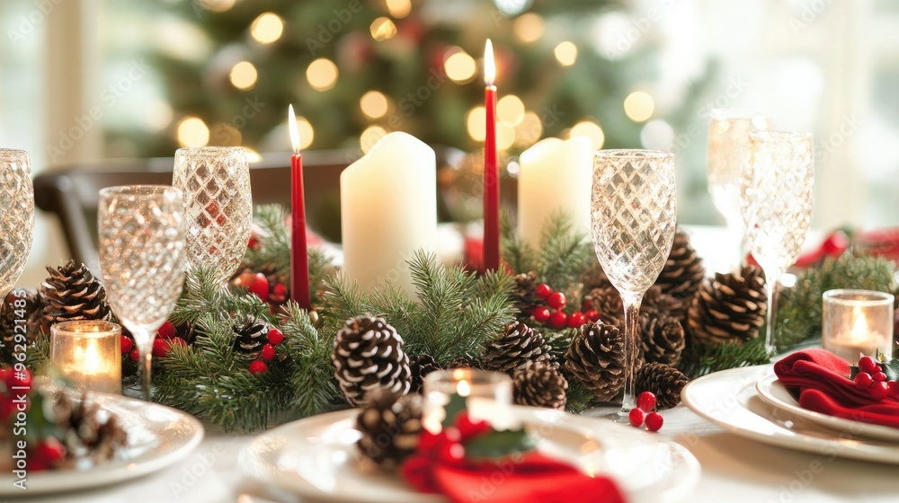 A beautifully set Christmas dinner table with holiday-themed decorations, candles, and a centerpiece of pine cones and holly A beautifully set Christmas dinner table with holiday-themed decorations, candles, and a centerpiece of pine cones and holly