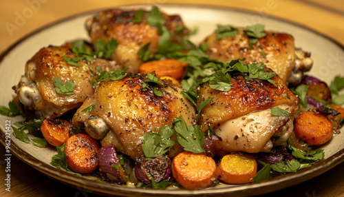 A delicious platter of roasted chicken thighs garnished with fresh herbs, served with colorful carrots and onions.