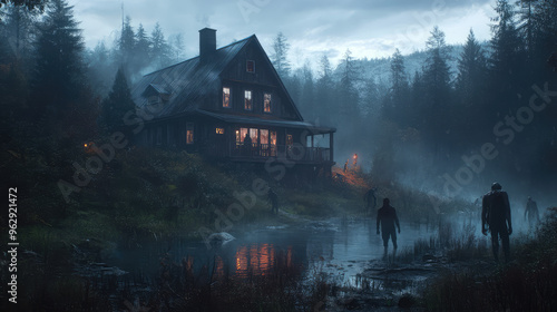 A zombie invasion at a picturesque lakeside cabin, with the undead emerging from the woods and attacking vacationers.