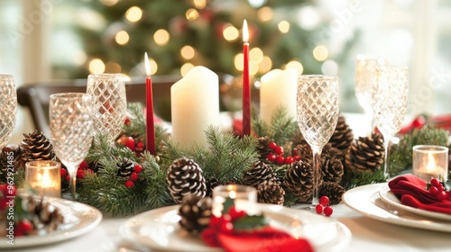 A beautifully set Christmas dinner table with holiday-themed decorations, candles, and a centerpiece of pine cones and holly