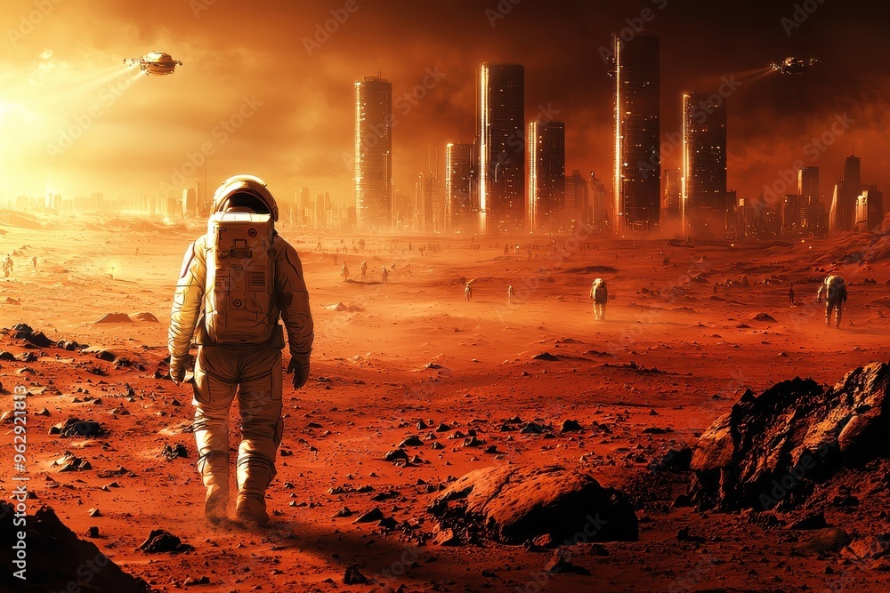 Fototapeta premium Astronaut exploring desolate Mars landscape with futuristic city skyline in distance