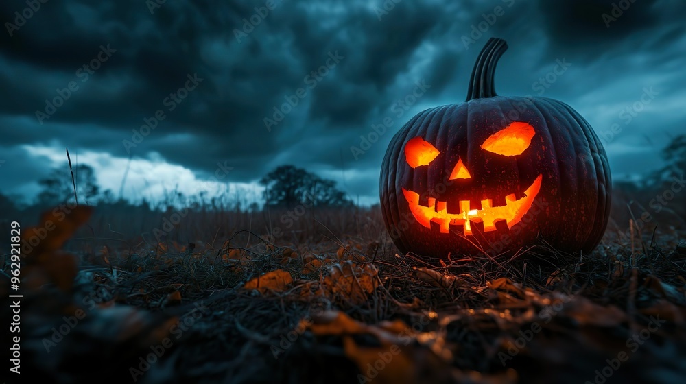 Naklejka premium In a cursed patch of jack-o'-lanterns, each pumpkin's malevolent glow casts eerie shadows under a haunted moon, creating a spine-chilling Halloween spectacle.