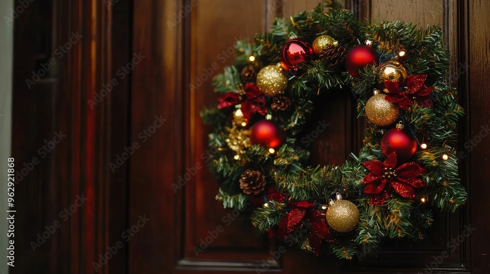 A close-up of a Christmas wreath with ornaments and fairy lights, set against a dark wooden door, providing a holiday feel A close-up of a Christmas wreath with ornaments and fairy lights, set against a dark wooden door, providing a holiday feel