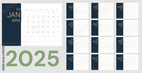 Vector 2025 new year calendar planner template in minimal table number,Holiday event planner,Week Starts Sunday.layout annual calender.timetable for diary
