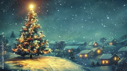 A beautifully lit Christmas tree stands on a snowy hill overlooking a cozy village at night. Snow gently falls, and the warm glow from house windows contrasts with the cold, wintery scene