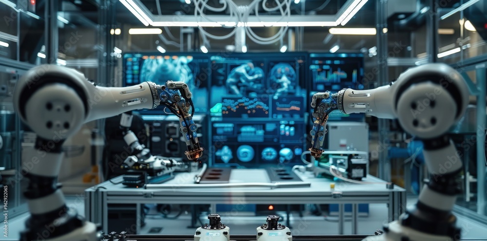 In an ultra-modern smart factory, robotic arms assemble products, highlighting the future of automation with a digital interface displaying metrics. In an ultra-modern smart factory, robotic arms assemble products, highlighting the future of automation with a digital interface displaying metrics.