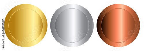 Gold, silver, bronze medals or coins empty inside on transparent background