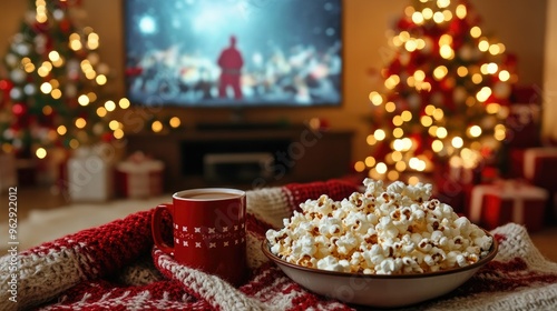 A cozy Christmas movie night setup with blankets, popcorn, and hot cocoa, with the TV showing a classic holiday film in the background