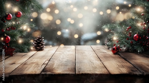 Empty wooden table with christmas theme in background