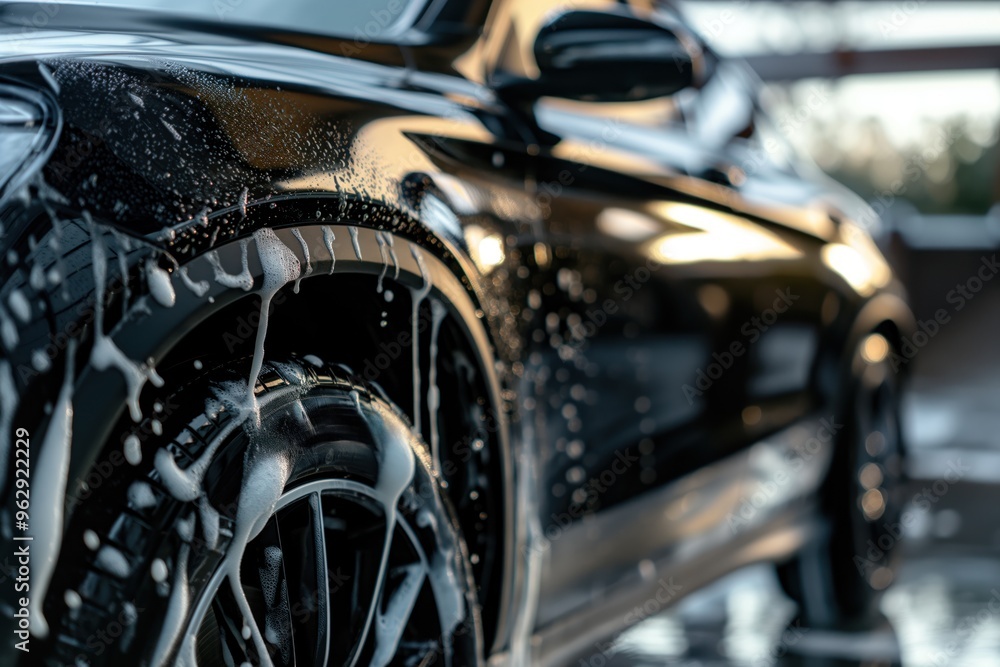Black car exterior cleaning process. Soap suds cover car body and wheels. Garage or indoor setting with blurred background. Car washing foam soap close-up. Clean vehicle maintenance concept. Black car exterior cleaning process. Soap suds cover car body and wheels. Garage or indoor setting with blurred background. Car washing foam soap close-up. Clean vehicle maintenance concept.