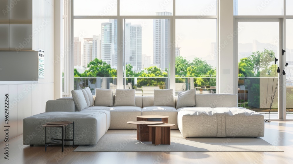 A modern, bright living room with a panoramic city view, blending comfort with urban sophistication. A modern, bright living room with a panoramic city view, blending comfort with urban sophistication.